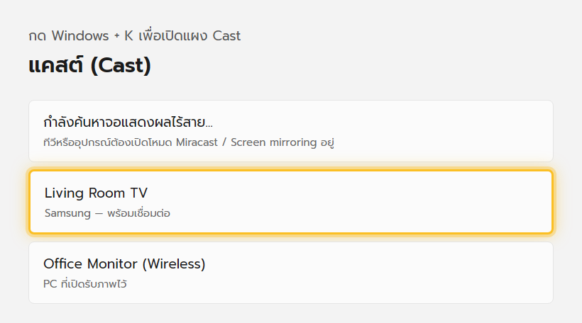 แผง Cast ของ Windows 11 ที่เปิดด้วย Win+K แสดงรายชื่อทีวีและอุปกรณ์ไร้สายที่พบ