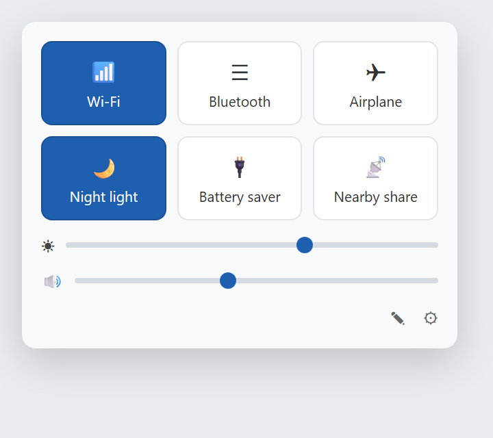 แผง Quick Settings ใน Windows 11 มีไทล์ Wi-Fi, Bluetooth, Airplane, Night light, Battery saver, Nearby share กับแถบเลื่อนความสว่างและเสียง