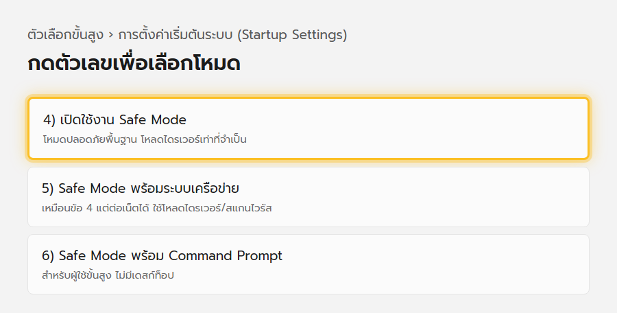 หน้าจอ Startup Settings ของ Windows 11 ให้กดหมายเลข 4, 5 หรือ 6 เพื่อเข้า Safe Mode แบบต่าง ๆ