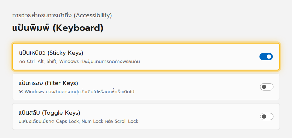 หน้าตั้งค่าแป้นพิมพ์ในการช่วยสำหรับการเข้าถึงของ Windows 11 มีสวิตช์ Sticky Keys, Filter Keys และ Toggle Keys
