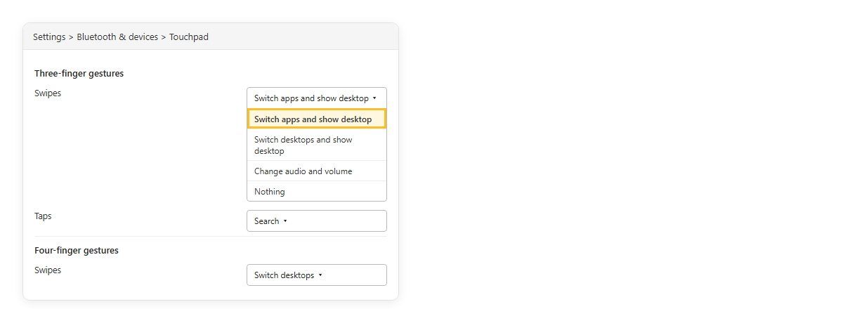 Settings Bluetooth and devices Touchpad หัวข้อ Three-finger gestures กางออก มีช่อง Swipes และ Taps ให้เลือกการกระทำ