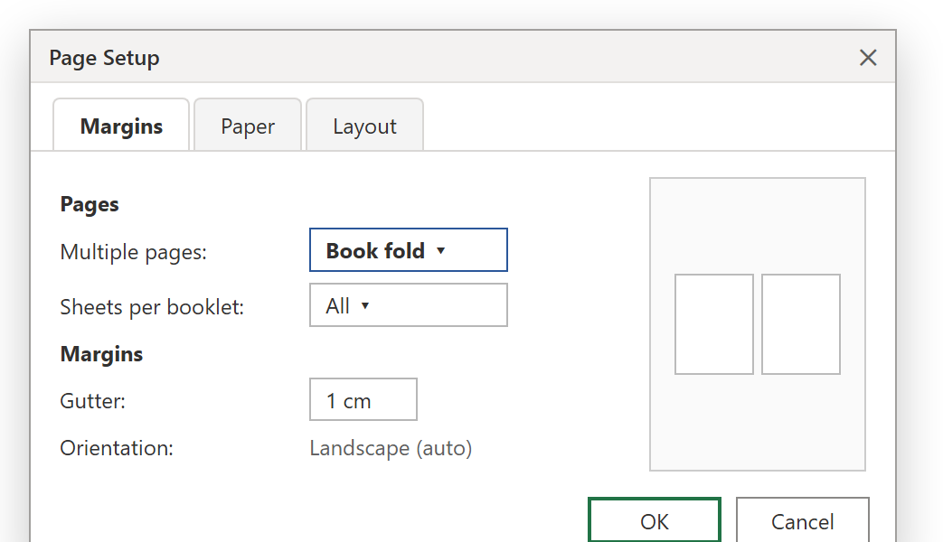 กล่อง Page Setup แท็บ Margins ของ Word ตั้ง Multiple pages เป็น Book fold พร้อม Sheets per booklet และ Gutter