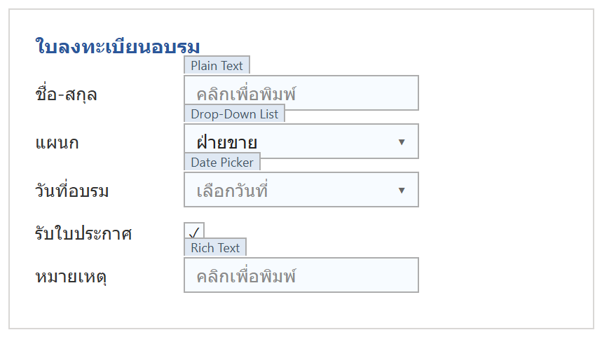 ฟอร์มใน Word มี Content Control หลายชนิด ช่อง Plain Text, Drop-Down List, Date Picker, Check Box แต่ละช่องมีป้ายบอกชนิด