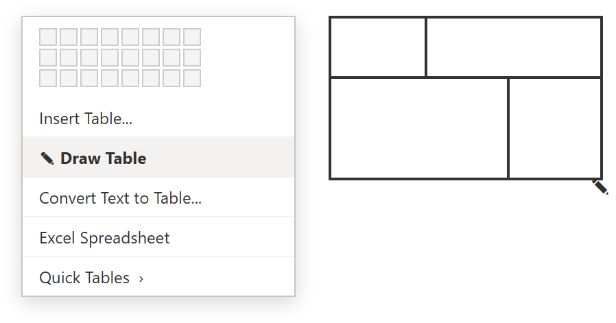 เมนู Insert Table ของ Word เลือก Draw Table และตารางไม่สมมาตรที่วาดด้วยดินสอ แถวบน 2 ช่อง แถวล่าง 2 ช่องไม่เท่ากัน