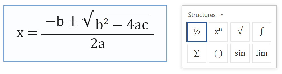 กล่องสมการใน Word แสดงสูตรกำลังสองพร้อมเศษส่วนและราก และแผงเลือกโครงสร้าง Structures