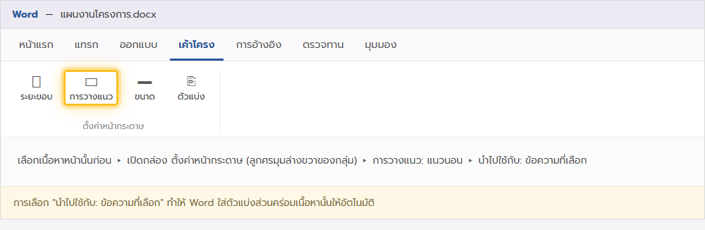 ริบบอนแท็บเค้าโครงของ Word เน้นปุ่มการวางแนวและตัวเปิดกล่องตั้งค่าหน้ากระดาษ