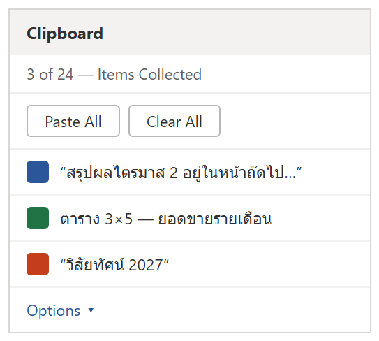 พาเนล Office Clipboard ใน Word แสดง 3 รายการที่ก๊อปมาจาก Word, Excel, PowerPoint พร้อมปุ่ม Paste All และ Clear All