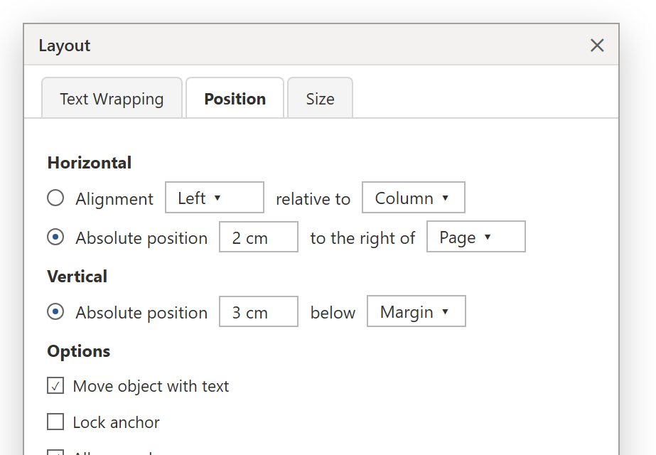 กล่อง Layout ใน Word แท็บ Position ตั้ง Absolute position 2 cm to the right of Page และ 3 cm below Margin