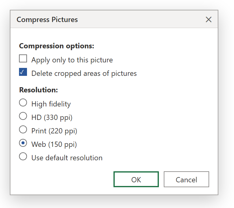 กล่อง Compress Pictures ใน Word ติ๊ก Delete cropped areas และเลือก Resolution Web 150 ppi
