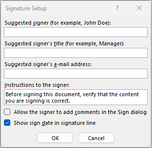 หน้าต่าง Signature Setup ใน Word กรอกชื่อผู้เซ็น ตำแหน่ง อีเมล และคำแนะนำสำหรับผู้เซ็น