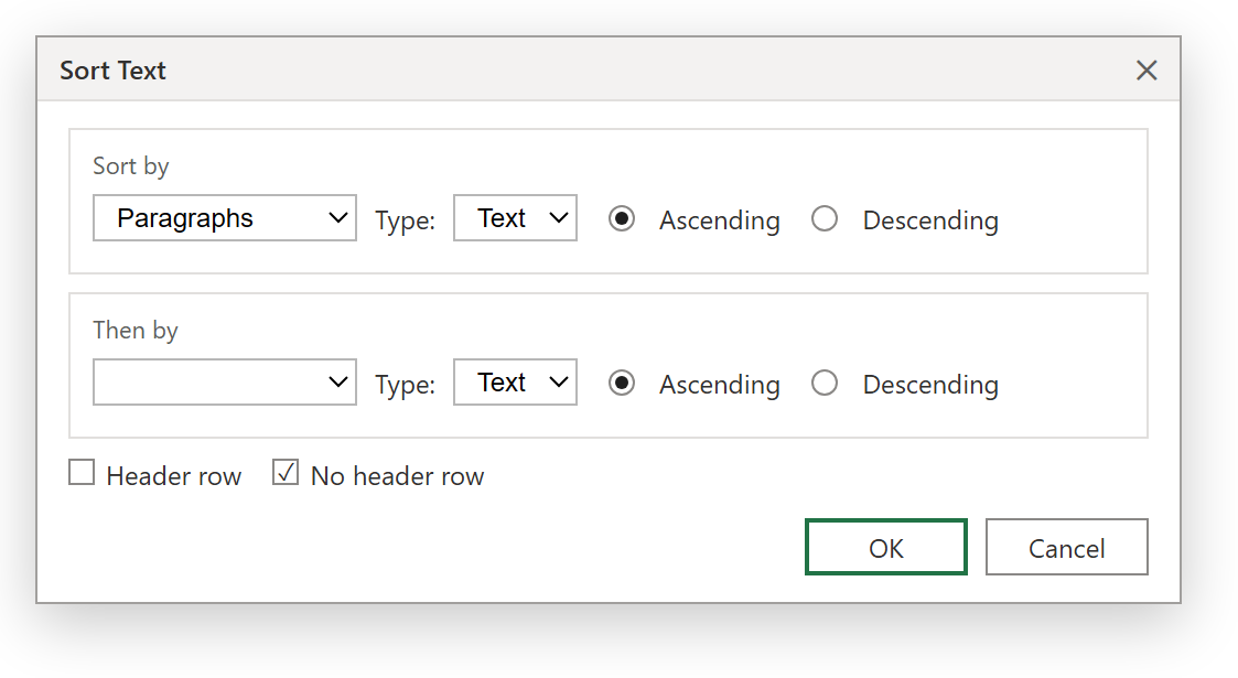 กล่อง Sort Text ใน Word เลือก Sort by เป็น Paragraphs, Type เป็น Text และ Ascending พร้อมตัวเลือก Header row