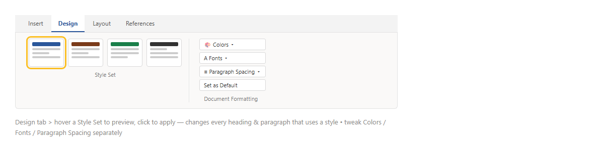 แท็บ Design ของ Word มีแกลเลอรี Style Set และปุ่ม Colors Fonts Paragraph Spacing Set as Default