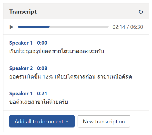 พาเนล Transcript ใน Word แสดงข้อความถอดเสียงแยกตาม Speaker 1 และ Speaker 2 พร้อมเวลากำกับและปุ่ม Add all to document