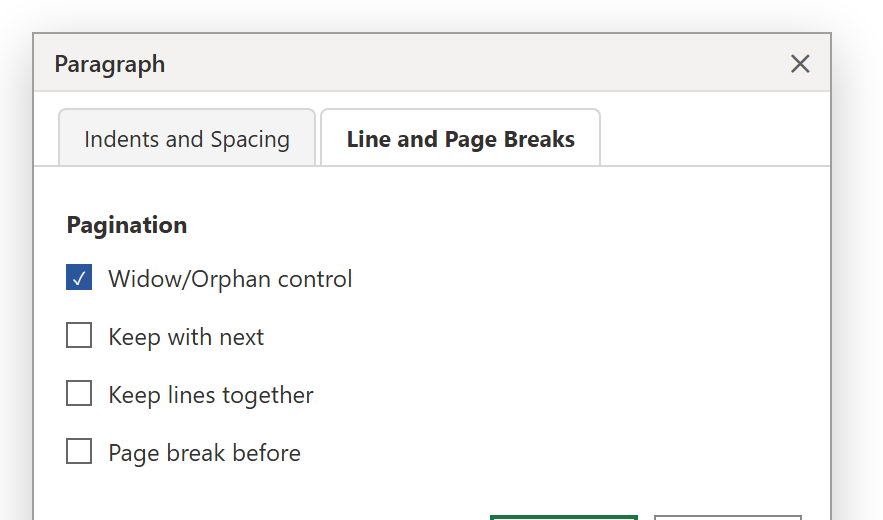 กล่อง Paragraph ใน Word แท็บ Line and Page Breaks หัวข้อ Pagination มี Widow/Orphan control, Keep with next, Keep lines together