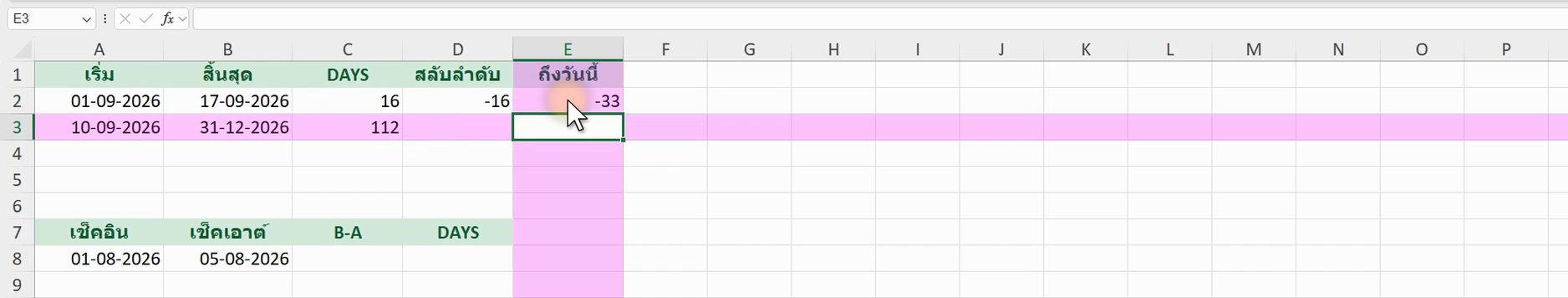 ตัวอย่างสูตร =DAYS(B2,TODAY()) ใน Excel (ภาพจากหน้าจอจริง)