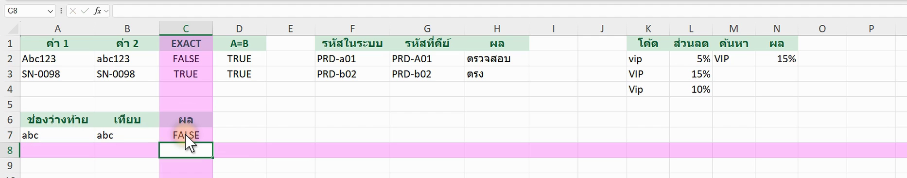 ตัวอย่างสูตร =EXACT(A2,B2) ใน Excel (ภาพจากหน้าจอจริง)