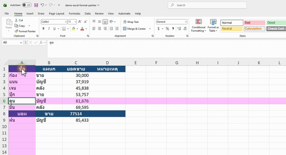 ภาพจริงจาก Excel: FORMAT PAINTER
