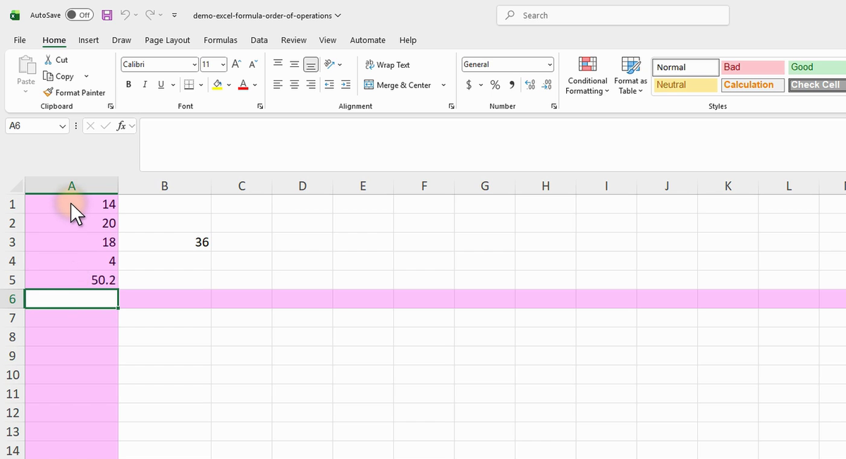 ภาพจริงจาก Excel: FORMULA ORDER OF Operations
