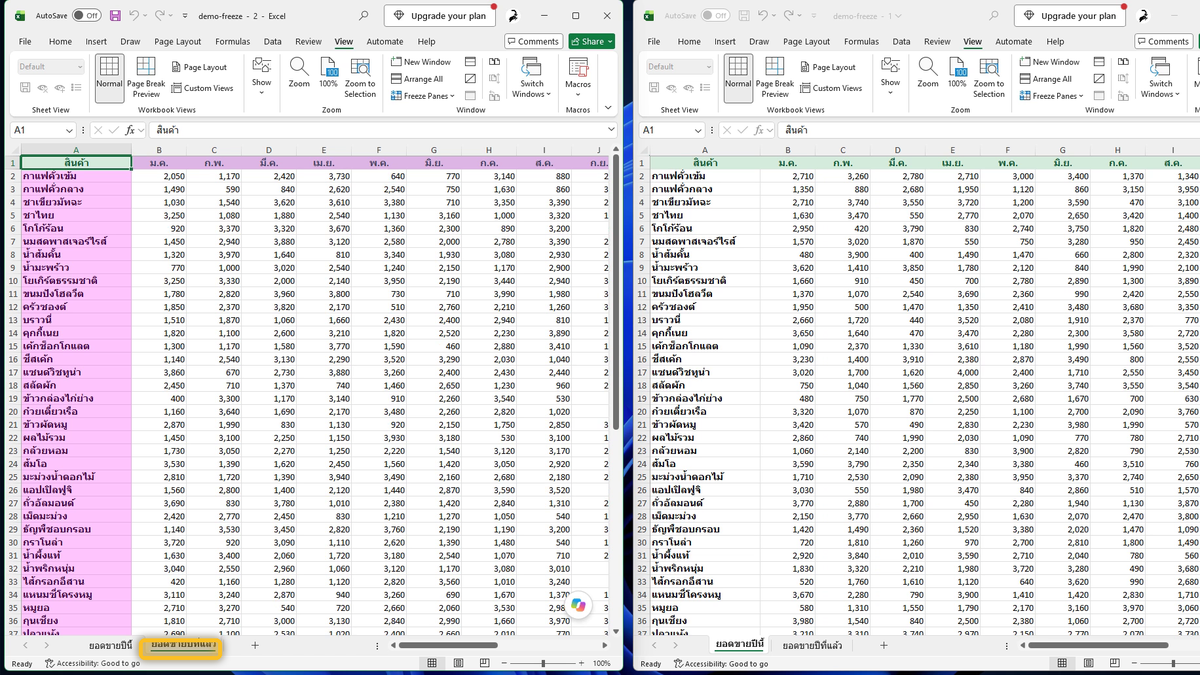 หน้าต่าง Excel สองหน้าต่างของไฟล์เดียวกันวางข้างกัน แต่ละหน้าต่างเปิดคนละชีต ยอดขายปีนี้และปีที่แล้ว
