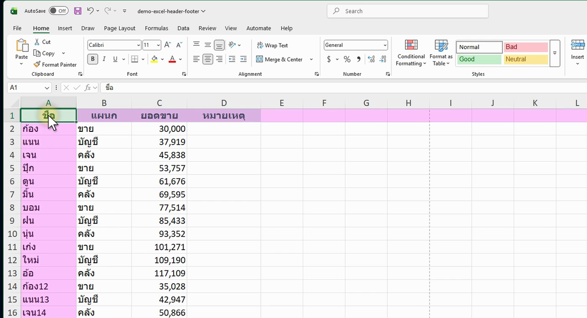 ภาพจริงจาก Excel: HEADER FOOTER