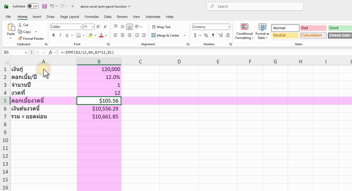 ภาพจริงจาก Excel: IPMT PPMT