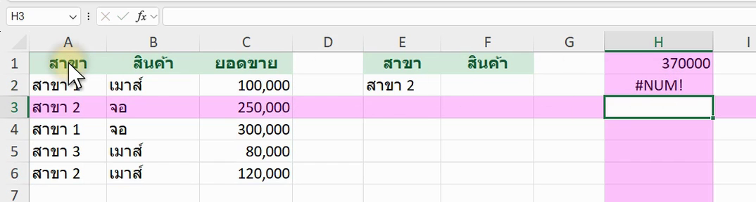 ผลลัพธ์จริงของสูตร DSUM ใน Excel