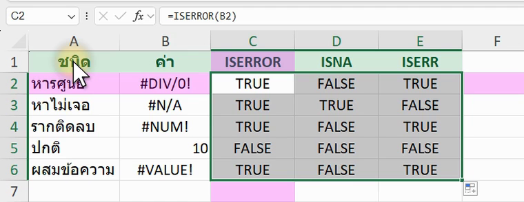 ผลลัพธ์จริงของสูตร ISERROR, ใน Excel