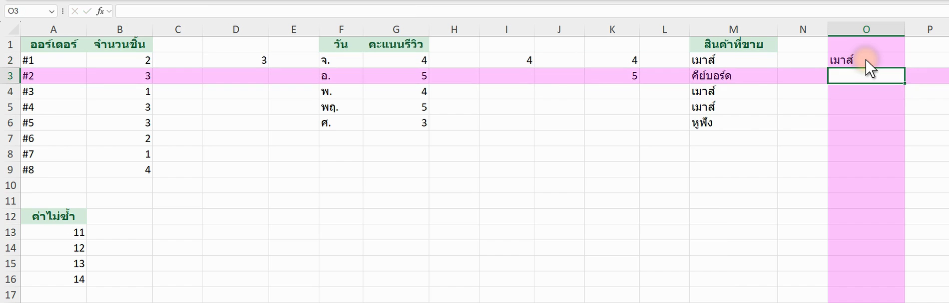 ตัวอย่างสูตร =INDEX(A2:A9,MATCH(MAX(COUNTIF(A2:A9,A2:A9)),COUNTIF(A2:A9,A2:A9),0)) ใน Excel (ภาพจากหน้าจอจริง)