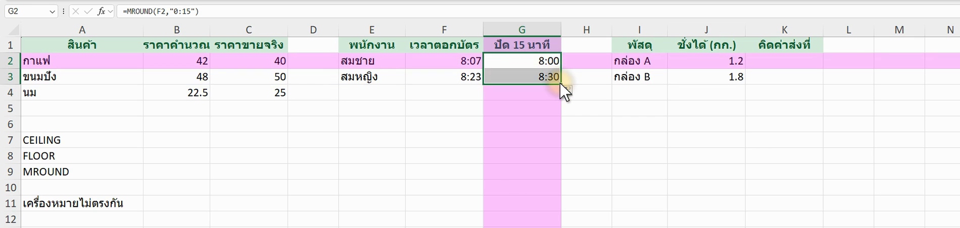 ตัวอย่างสูตร =MROUND(B2,"0:15") ใน Excel (ภาพจากหน้าจอจริง)