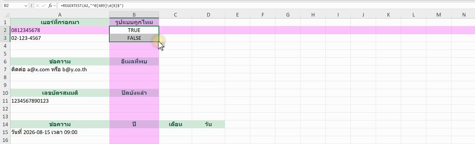 ตัวอย่างสูตร =REGEXTEST(A2,"^0[689]\d{8}$") ใน Excel (ภาพจากหน้าจอจริง)