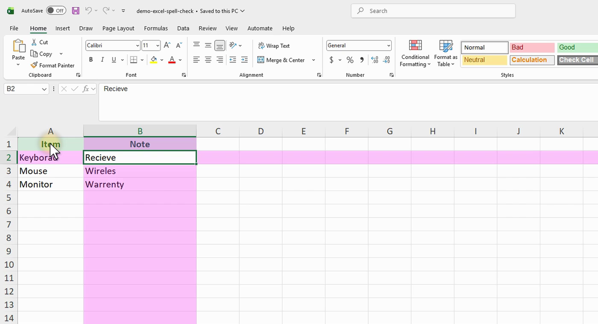 ภาพจริงจาก Excel: SPELL CHECK