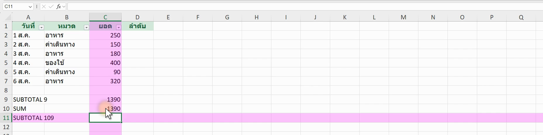 ตัวอย่างสูตร =SUBTOTAL(9,C2:C7) ใน Excel (ภาพจากหน้าจอจริง)