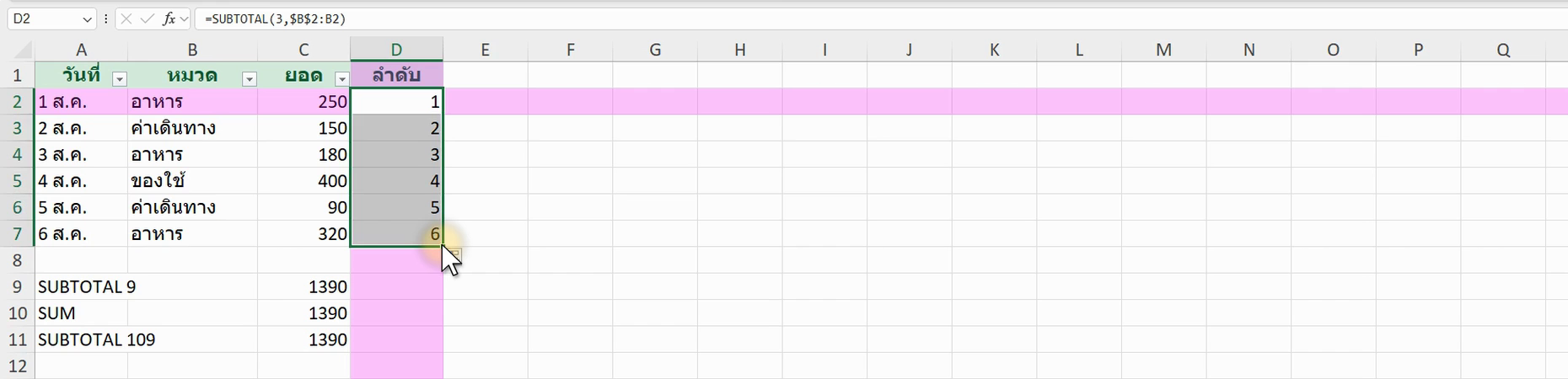 ตัวอย่างสูตร =SUBTOTAL(3,$B$2:B2) ใน Excel (ภาพจากหน้าจอจริง)