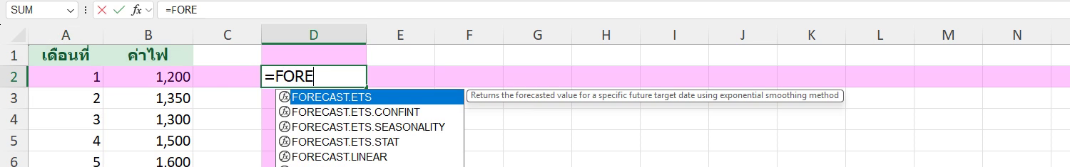 ขั้นตอนใน Excel: พิมพ์ =FORE แล้วเลือกฟังก์ชันจากรายการ