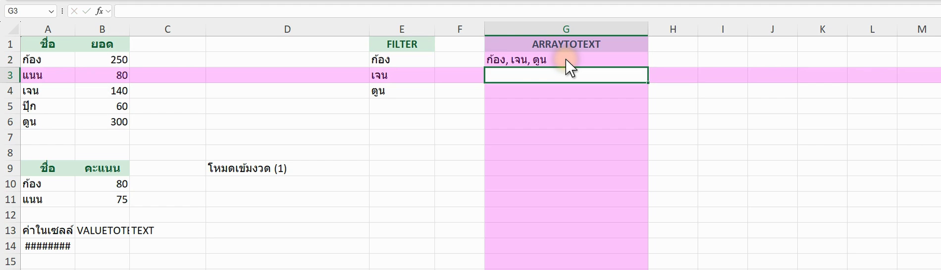 ตัวอย่างสูตร =ARRAYTOTEXT(FILTER(A2:A6, B2:B6>100)) ใน Excel (ภาพจากหน้าจอจริง)” width=”1900″ height=”546″ class=”wp-image-11295″ style=”max-width:100%;height:auto;border-radius:8px;” /><figcaption>ภาพจากหน้าจอ Excel จริง (ตัวอย่างข้อมูลในวิดีโอ)</figcaption></figure>
<p><a href=