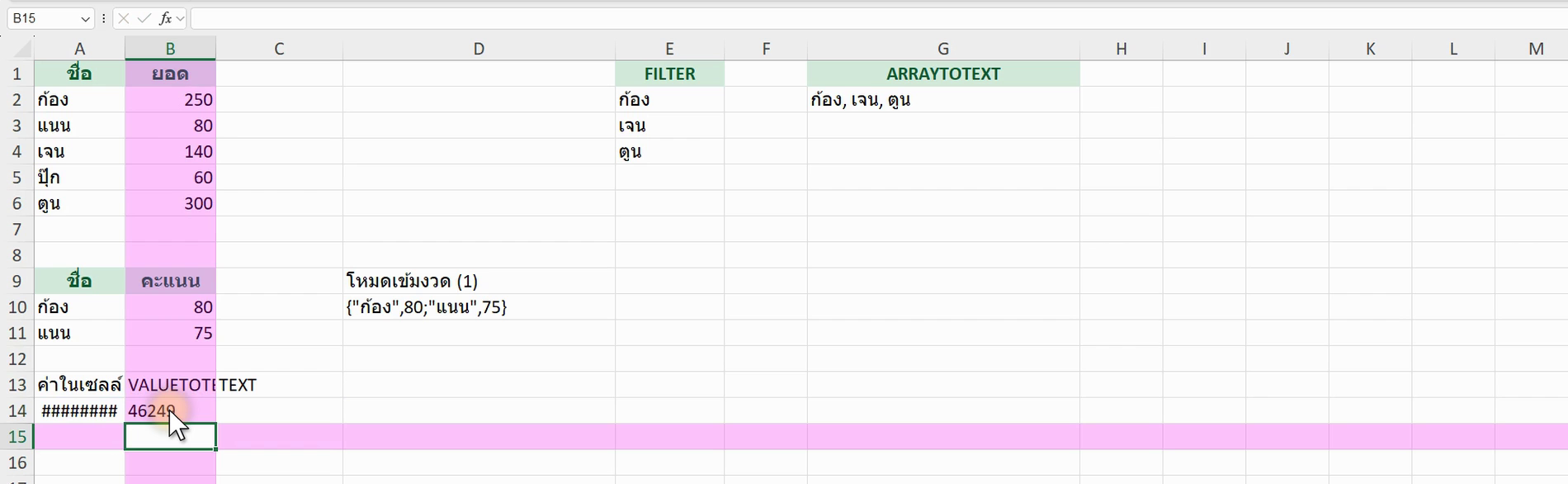 ตัวอย่างสูตร =VALUETOTEXT(A2) ใน Excel (ภาพจากหน้าจอจริง)