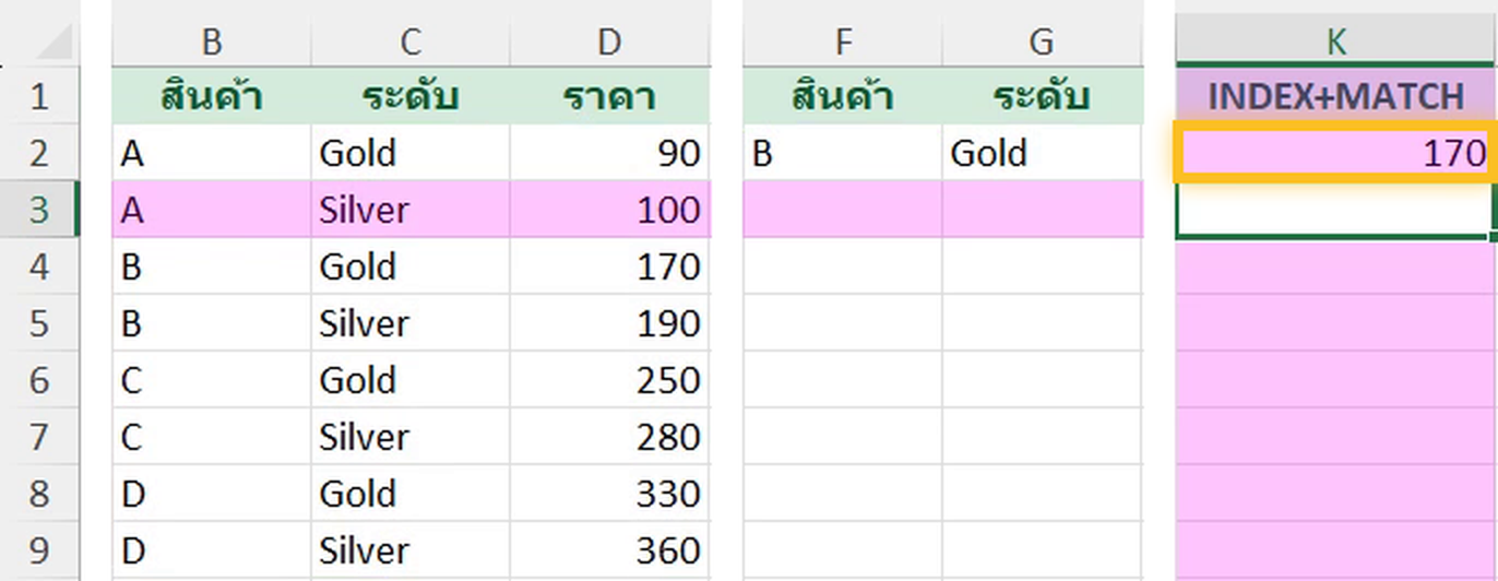 INDEX + MATCH แบบ Array หลายเงื่อนไขใน Excel ได้ราคา 170