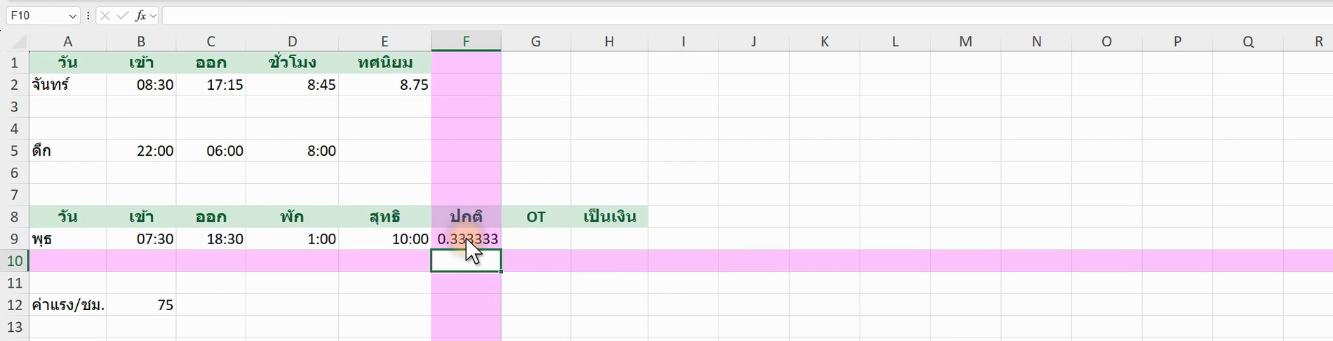 ตัวอย่างสูตร =MIN(F2, 8/24) ใน Excel (ภาพจากหน้าจอจริง)