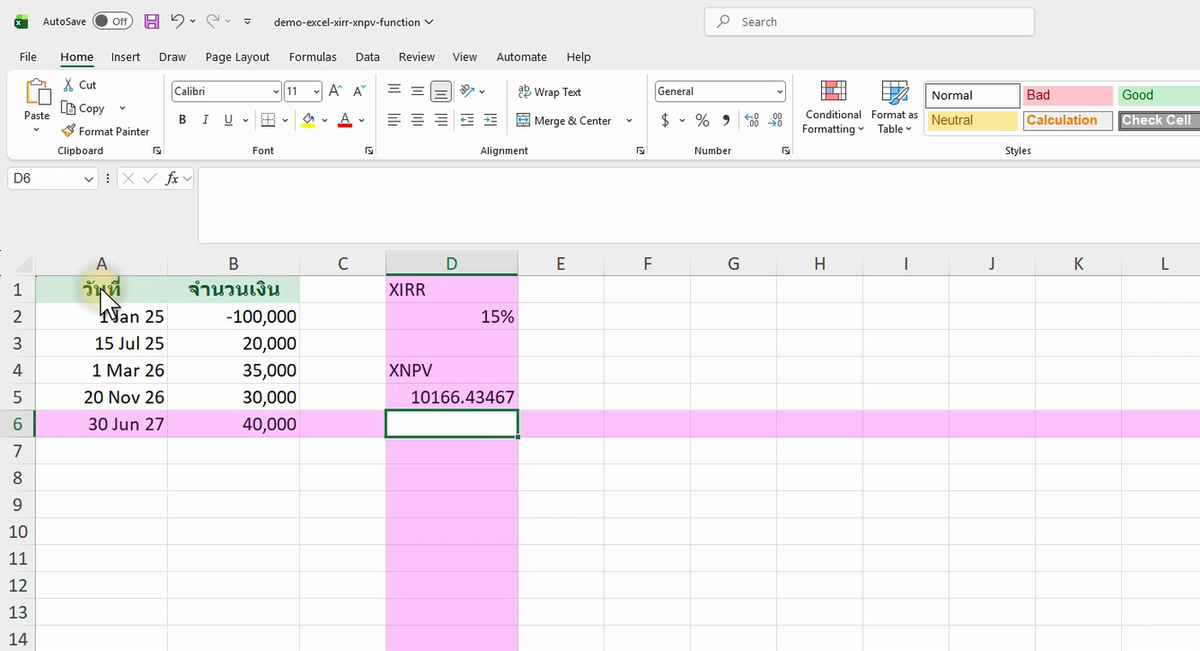 ภาพจริงจาก Excel: XIRR XNPV